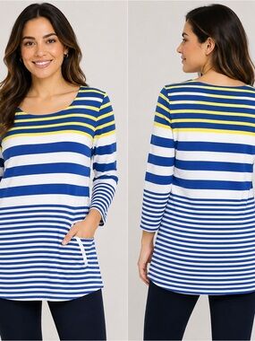 Hello Saturday Talbots Striped Tunic Top Blue White Pockets 3/4 Sleeve Coastal